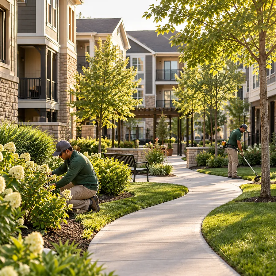Landscapers maintaining a multi-tenant residential property