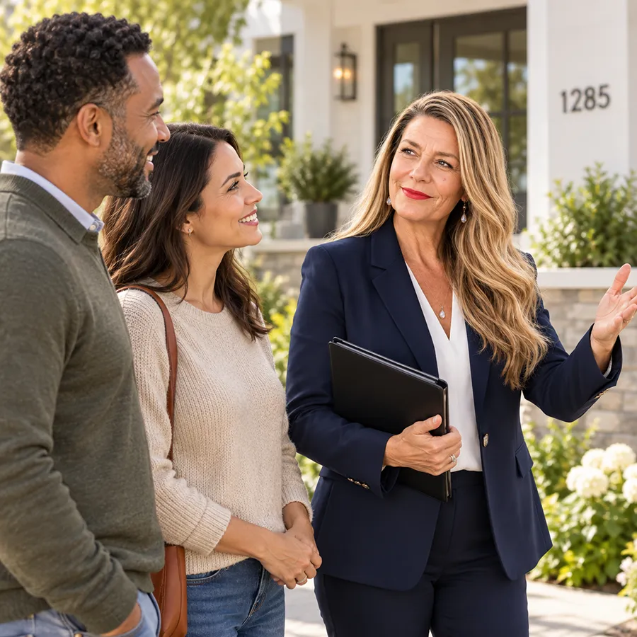 Realtor speaking with clients outside a home